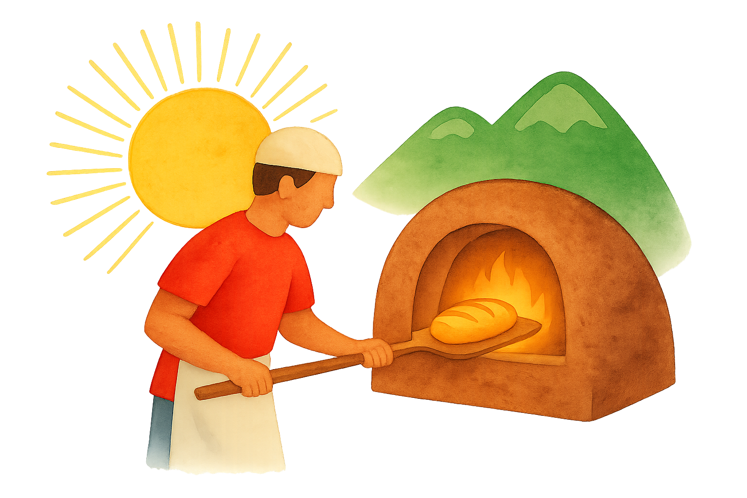 Panadero artesanal horneando pan en horno de ladrillo